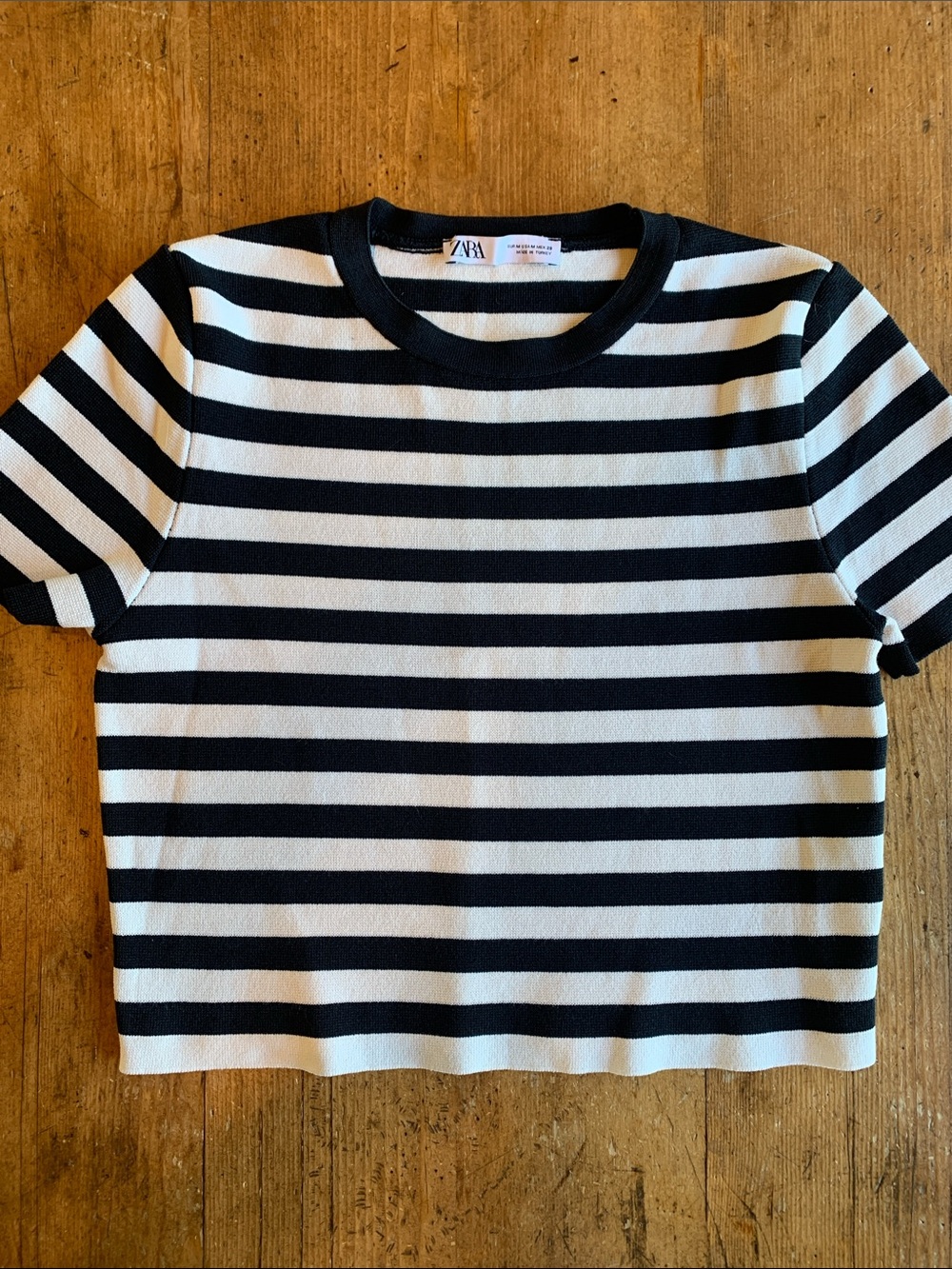 Zara Womens Black and White Striped Short Sleeve Knit Tee